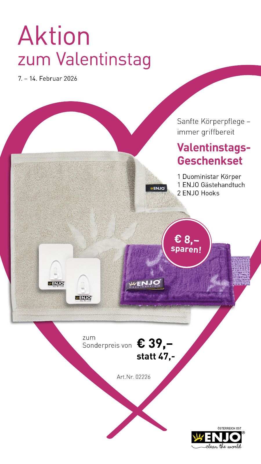 Valentine's Day gift set featuring a white towel, a purple towel, two hooks, and an ENJO label, with a special offer saving €8, priced at €39 instead of €47.