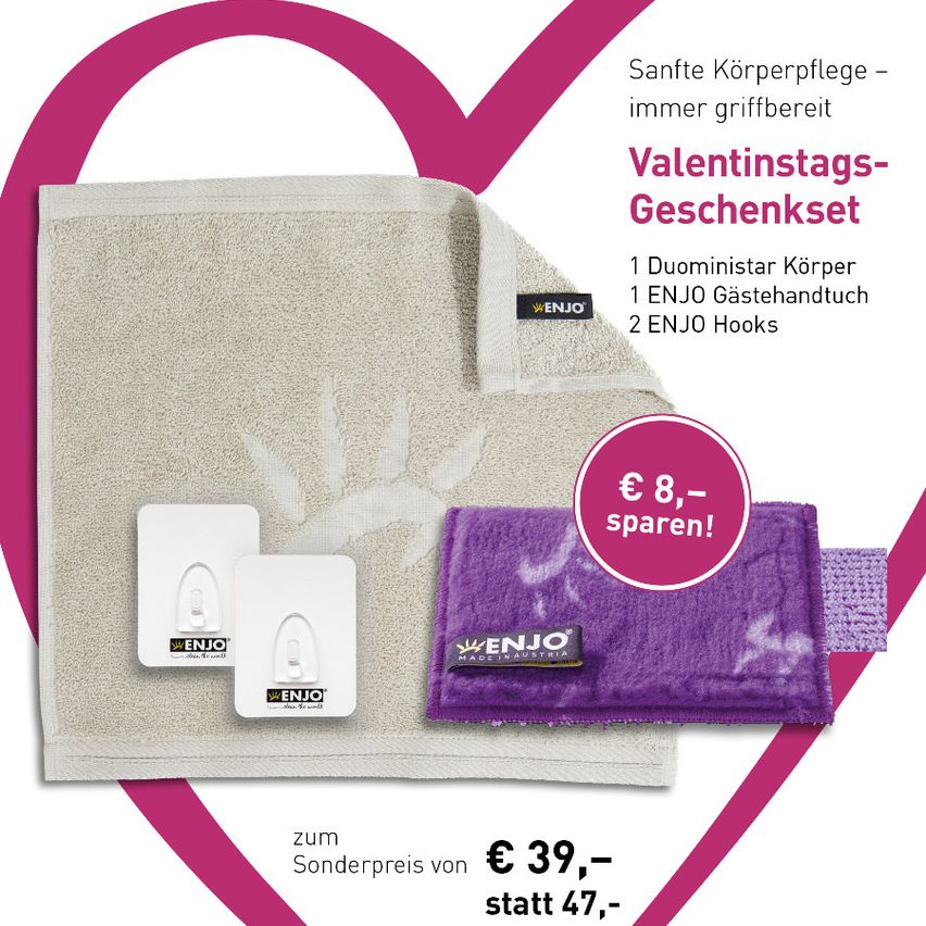 Advertisement for a Valentine's Day gift set. It includes a duoministar body towel, one ENJO dish towel, and two ENJO hooks. Save 8 Euros and the regular price is 39 Euros instead of 47 Euros.