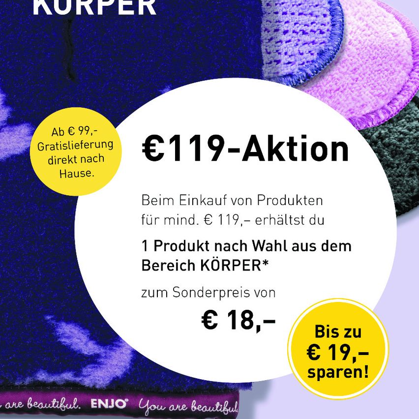 Promotional image for a sale of body products with a special offer of €119 for selected items, saving up to €19. Free delivery for purchases over €99.