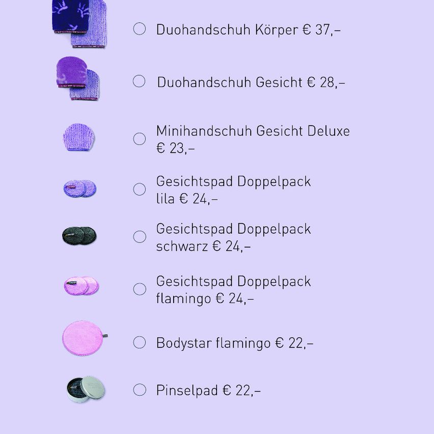 A purple background displays various products with prices. There are two pairs of gloves, priced at €37 and €28. Other items include a mini glove, a face sponge double pack in lilac, black, and flamingo, a bodystar flamingo, and a brush pad, all priced at €23, €24, €22, and €22 respectively.
