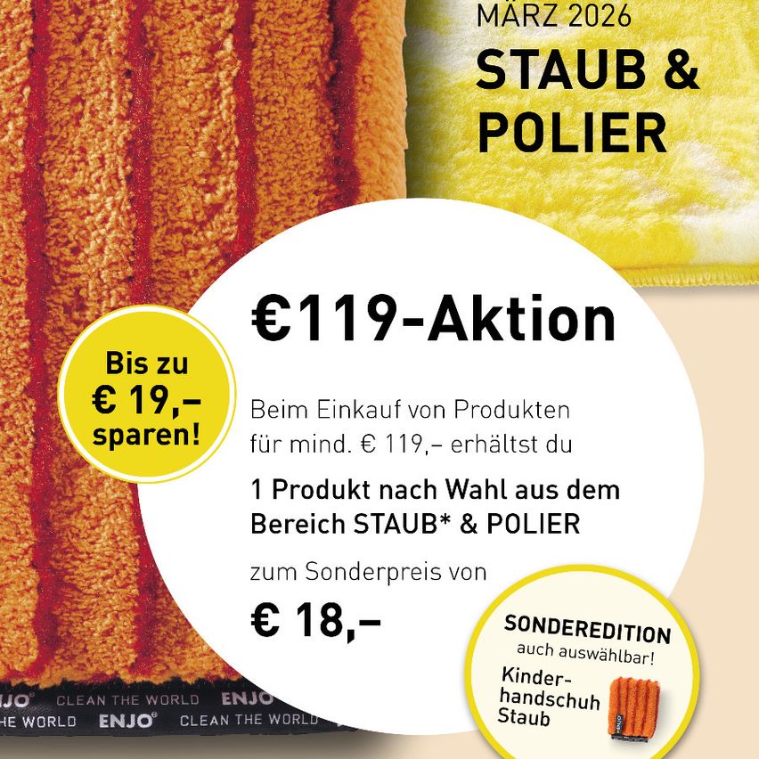 A poster advertises a March 2026 sale for Staub & Polier products. It offers a special on purchasing products from the Staub & Polier range, reducing the price of one selected product to €18. The offer includes a special edition Kinder-handschuh Staub.