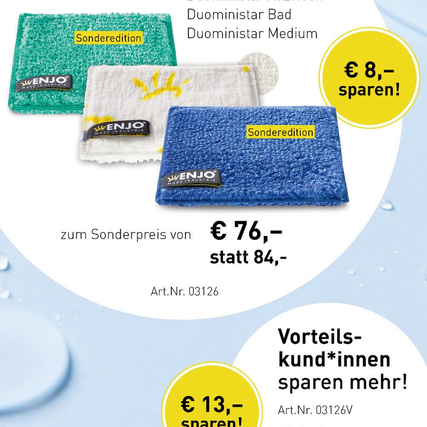 Promotion of Duomistar Bath and Medium towels, Sonderedition, saving up to €13. Article number 03126 and 03126V. Special price €76 instead of €84.