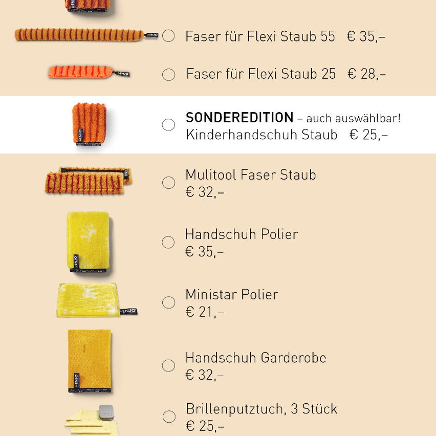The image displays a list of cleaning products and their prices. Products include Flexi Staub brushes, children's gloves, multitool brushes, gloves, Ministar polish, wardrobe gloves, and eyeglass cleaning cloths. Prices range from €21 to €35.