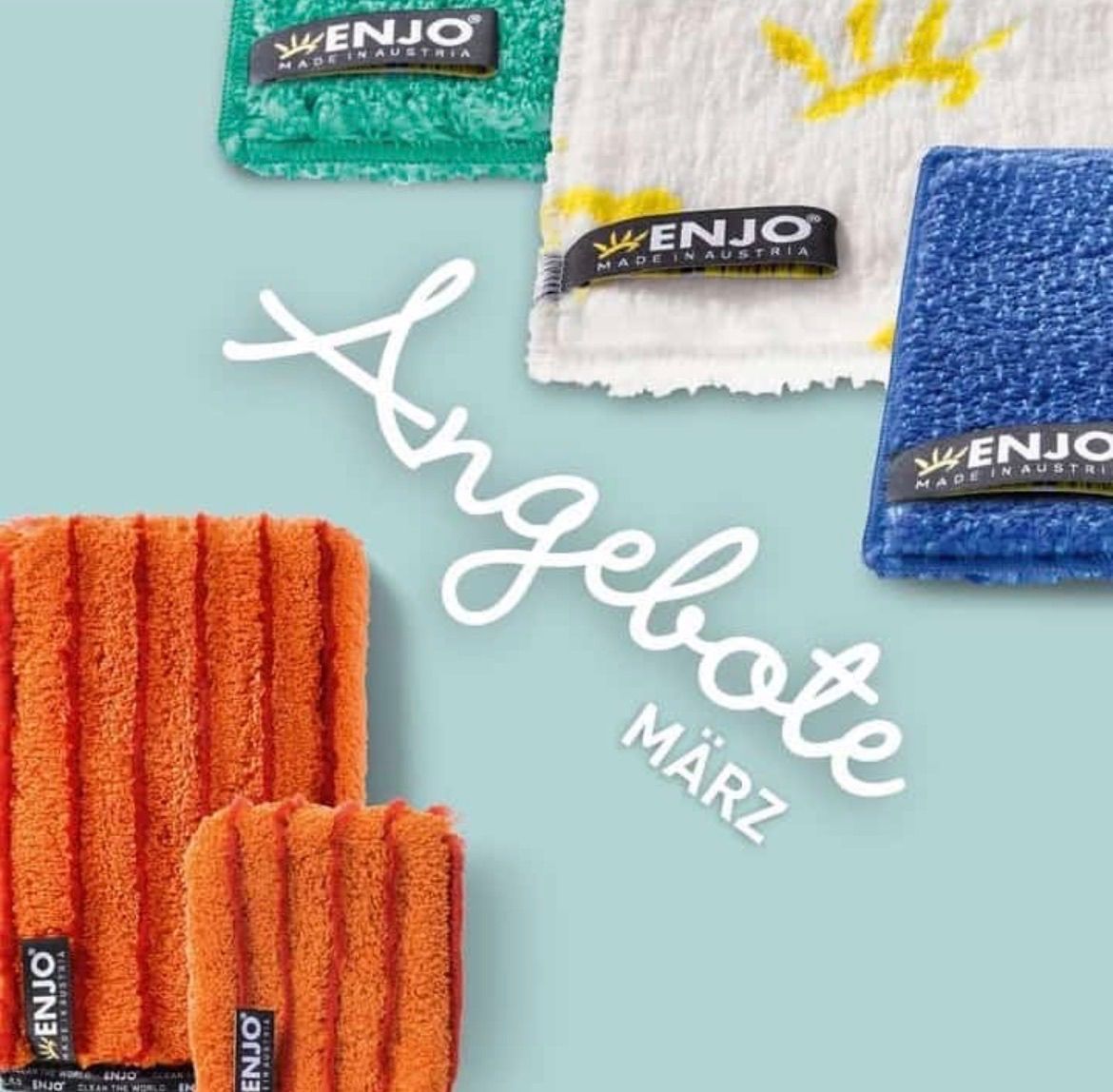 Three towels and one sponge are displayed. Two towels are orange and green, while the sponge is blue. The word 'Engelte' is written in white.