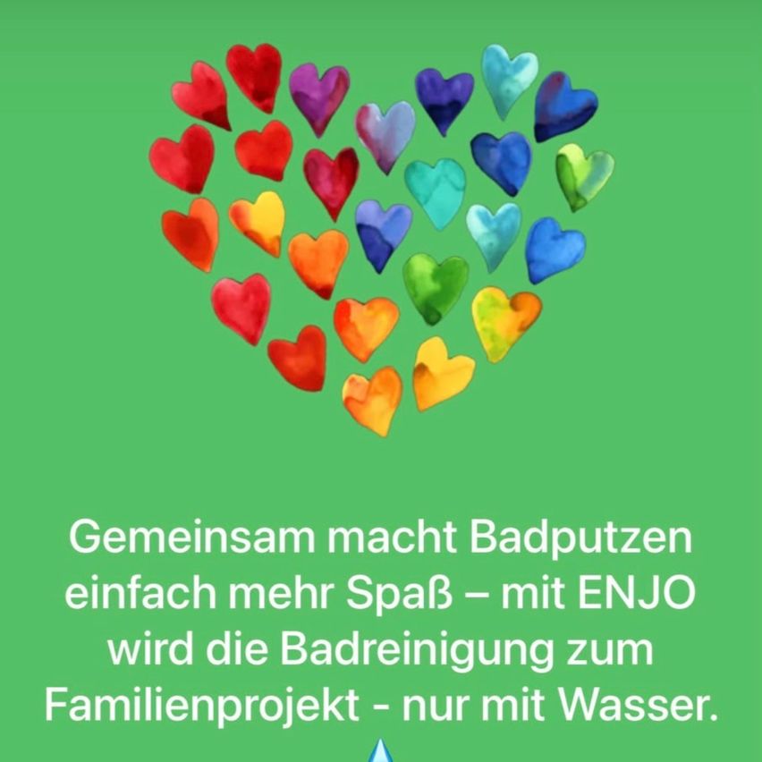 A heart-shaped arrangement of multicolored watercolor hearts on a green background with a motivational message in German.