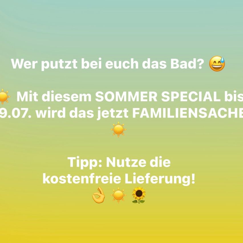 A promotional image for a summer special. It features a green background with text and emojis. The text reads 'Who puts the bath in you?' and 'With this SUMMER SPECIAL until 09.07, it will now be a FAMILY BAG.' There is a tip to use free delivery.