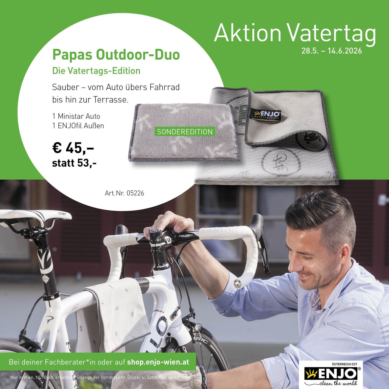 Werbeanzeige für ein Vatertags-Papas Outdoor-Duo, zeigt einen Mann, der ein Fahrrad putzt. Die Anzeige läuft vom 28. Mai bis 14. Juni 2026, mit einem Sonderangebot von 45 statt 53 Euro. Beinhaltet ein Mikrofasertuch und ENJO Öl.
