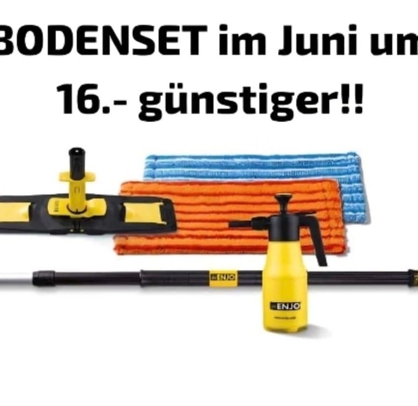 Eine Anzeige zeigt ein Bodenreinigungsset mit einer Sprühflasche und Reinigungswerkzeugen und verspricht, dass es im Juni 16% günstiger sein wird.