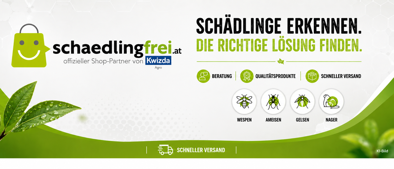 Werbung für landwirtschaftliche Partnerschaft von Kwizda, mit Schwerpunkt auf Beratung, Qualitätssicherung und Schädlingsbekämpfung für Wespen und Ameisen, mit Fokus auf schnellen Versand.