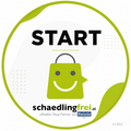 Ein grüner Einkaufsbeutel mit einem lächelnden Gesicht, beschriftet mit 'Start', und dem Text 'schaedlingfrei.at' darunter, mit einem Logo für 'Kwizda Agro' am unteren Rand.