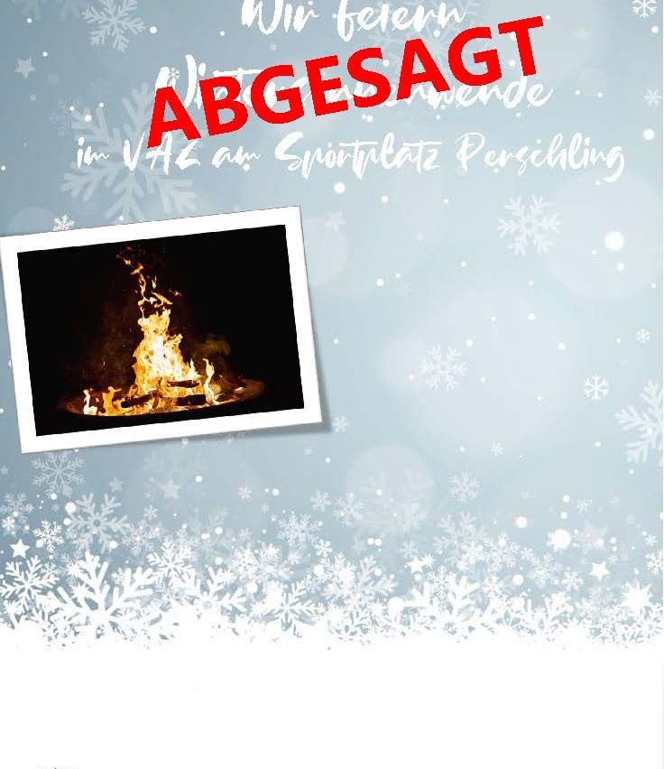Ein Plakat mit einem brennenden Kamin, umgeben von Schneeflocken. Der Text 'Abgesagt' steht in Rot, zusätzlicher Text in weißer Schrift.