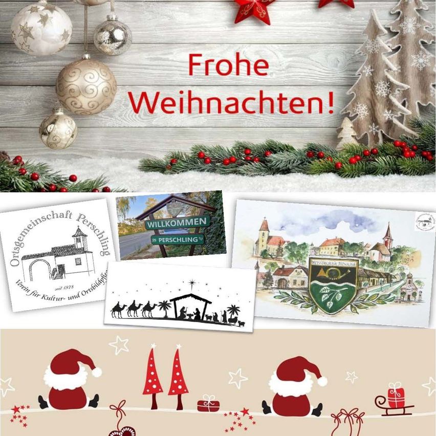 Eine Collage von weihnachtlichen Bildern, darunter eine Kirche, eine Stadt und der Weihnachtsmann mit einem Schlitten. Darüber ein hölzerner Hintergrund mit Ornamenten und den Worten 'Frohe Weihnachten!' in Rot.