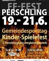 A poster for FF-Fest Perschling, a community sports event with a children's game festival, occurring from June 19 to 21. Details include fire images, dates, and times.