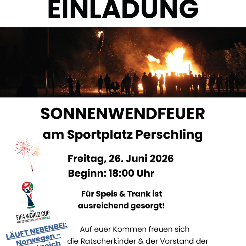 The invitation poster for a bonfire event on June 26, 2026, at Persching Sports Field. It includes food, drinks, and fireworks. The event starts at 18:00.
