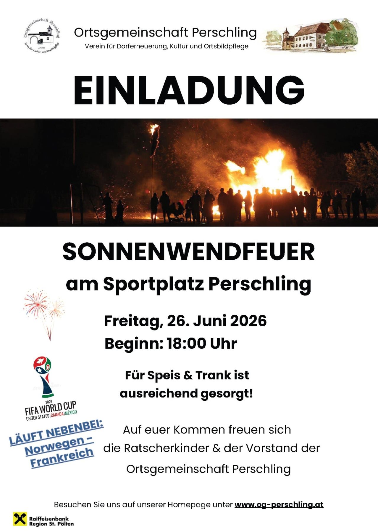 Einladung zum Sonnenwendefeuer am Sportplatz Perschlings am Freitag, 26. Juni 2026, Beginn 18:00 Uhr. Essen und Getränke sind vorhanden.