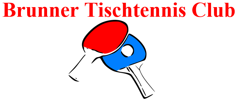 Das Logo des Brunner Tischtennis Clubs zeigt ein rotes und blaues Tischtennisschläger. Über dem Schläger steht der Text Brunner Tischtennis Club.
