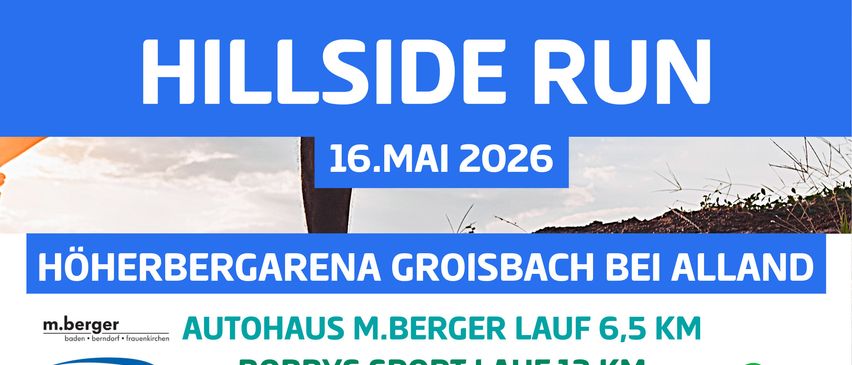 Plakat für den Sparkasse Baden Hillside Run am 16. Mai 2026 mit Distanzen für verschiedene Läufe. Die Läufer sind in einer Berglandschaft abgebildet.