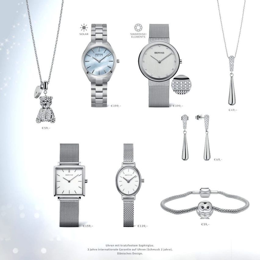 Eine Sammlung von Schmuck und Uhren, einschließlich Halsketten, Armbänder, Ohrringe und Uhren mit verschiedenen Designs und Preisen. Einige Artikel sind als Solar gekennzeichnet.