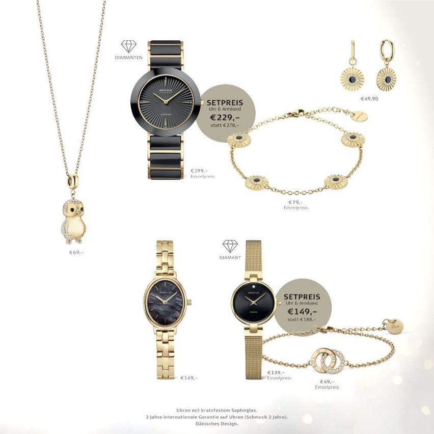 Das Bild zeigt eine Kollektion von Schmuck und Uhren mit verschiedenen Preisen. Es gibt eine Halskette mit Anhänger, eine goldene Uhr, ein Armband und Ohrringe. Jeder Artikel hat einen Preisschild, wobei die Uhren 199 und 149 Euro kosten. Die Halskette und das Armband kosten 69 Euro und die Ohrringe 49,90 Euro. Die Uhren kommen außerdem mit einer dreijährigen internationalen Garantie.