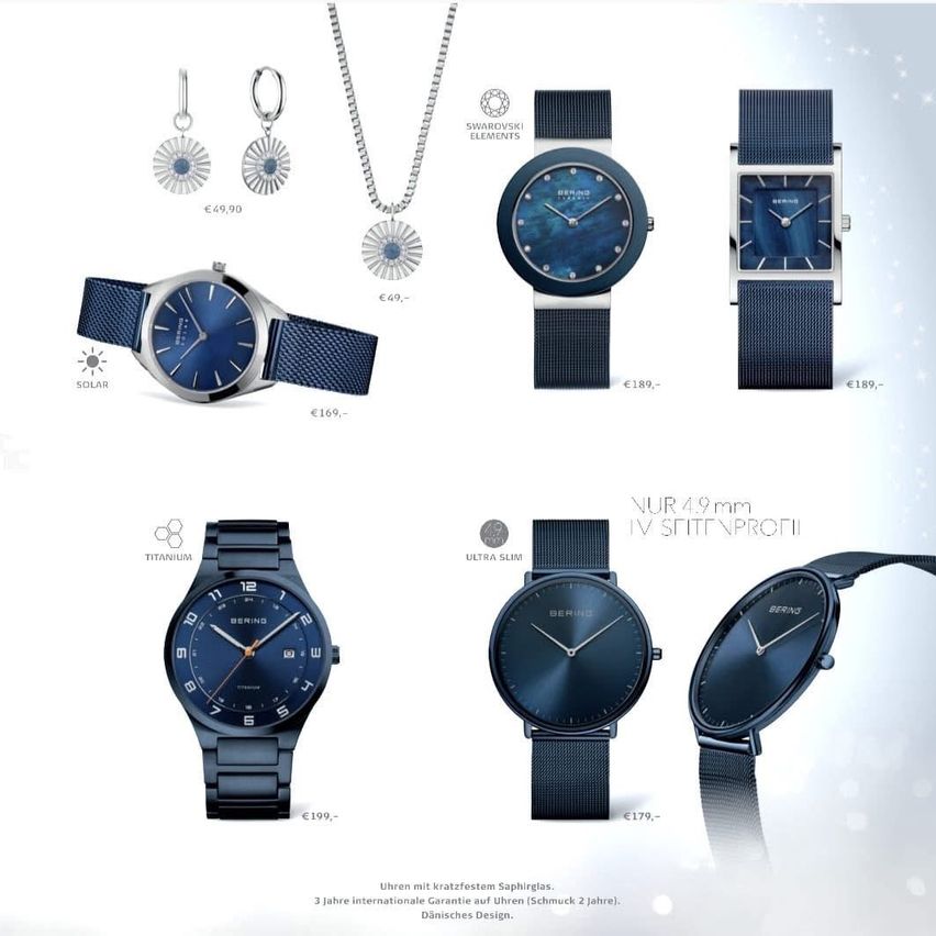 Ein Bild mit verschiedenen Uhren und Schmuck, darunter eine blaue Uhr mit einem Mesh-Armband und einer silbernen Halskette mit einem blauen Anhänger. Das Bild zeigt auch eine schwarze Uhr mit blauem Zifferblatt und Mesh-Armband. Die Preise sind angegeben, von 49,90 bis 189. Der Markenname 'BERLING' ist auf den Uhren sichtbar.