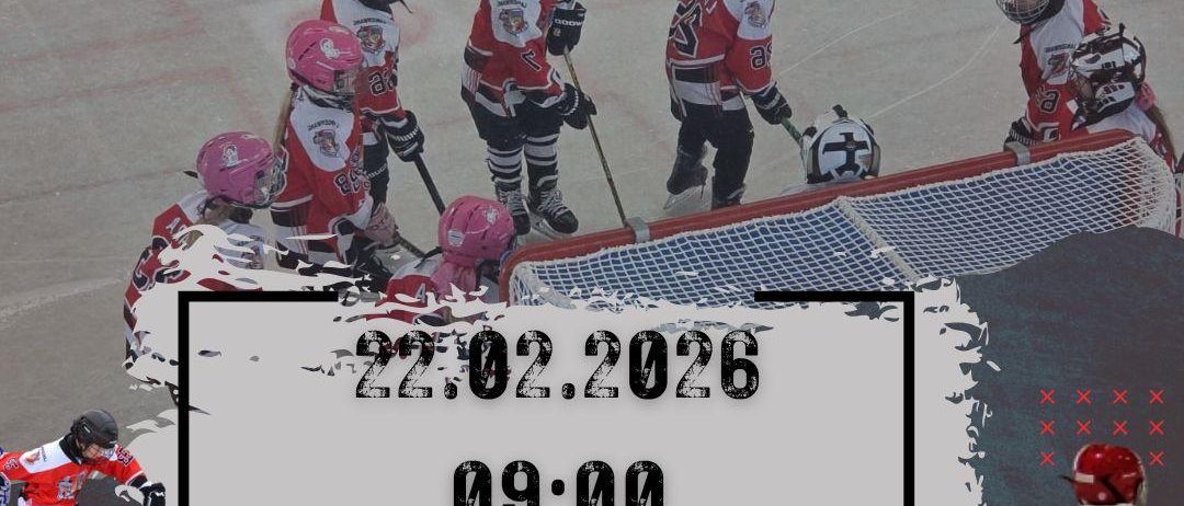 Ein Plakat für ein Eishockeyspiel zeigt ein Team namens PARTNERS CUP U14 mit Spielern in roten und weißen Uniformen, die Eishockeyschläger halten. Das Datum 22.02.2026 und die Zeit 09:00 sind angezeigt.