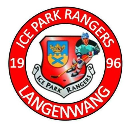 Logo der Ice Park Rangers Langenwang. Ein Eishockeyspieler in einem grünen Trikot, Helm und Schlittschuhen, der einen Eishockeyschläger hält, steht auf dem Eis vor einem roten Schild mit einem blauen Kreuz und einem gelben Hintergrund.