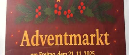 Poster for Advent Market, inviting on Friday, November 21, 2025, from 2 PM to 5 PM at Niklasdorf Event Center, featuring musical ambiance by Duo Ingrid and children's entertainment.