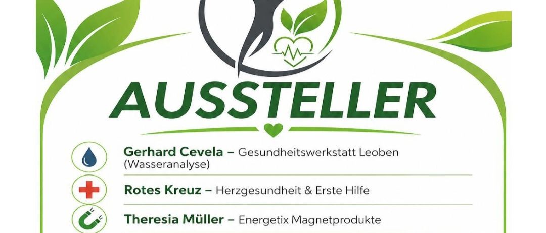 Ein Plakat zeigt eine Liste von Ausstellern mit gesundheitsbezogenen Dienstleistungen. Es enthält Symbole, Namen und kurze Beschreibungen. Die Veranstaltung verspricht zukünftige Gesundheitslösungen.