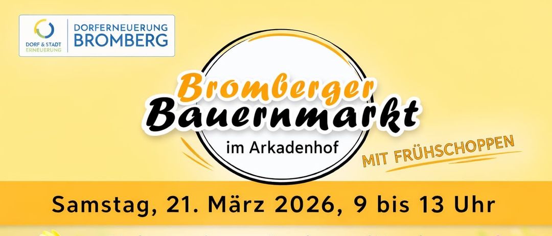 Bromberger Bauernmarkt im Arkadenhof mit Produkten von lokalen Erzeugern aus Bromberg und Umgebung. Angeboten werden Schweinefleisch, Rindfleisch, Milchprodukte, Brot, Kaffee, Snacks, Marmeladen, Honig, Säfte, Liköre, Würste, Eier, Gemüse, Kräuter und Handwerkskunst. Besuchen Sie uns am Montag, 21. März 2026, von 9 bis 13 Uhr.