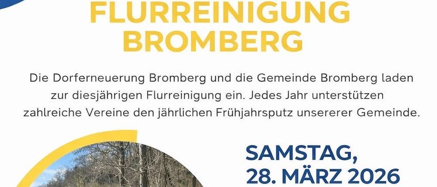 Ein Werbeplakat für Brombergs jährliche Frühjahrsputz zeigt eine Gruppe von Freiwilligen, die Müll sammeln. Die Veranstaltung ist für Samstag, den 28. März 2026, um 9 Uhr geplant. Wichtige Informationen umfassen das Treffen am Schulparkplatz, familienfreundliche Aktivitäten und Erfrischungen für alle Helfer.