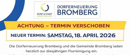 Poster for Bromberg Village Cleanup Event. New date: Saturday, April 18, 2026. Family-friendly and suitable for all ages. Meet at the school parking lot at 9 AM. Thank you for your support.