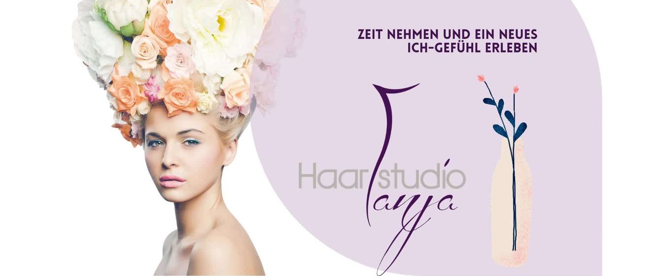Eine Frau mit blondem Haar und einer Blumenkrone schaut nach links. Der Hintergrund ist lila mit dem Text 'Zeit Nehmen Un Ich-Gefu' in fetten weißen Buchstaben und 'Haarstudio Laya' in lila Schrift geschrieben.