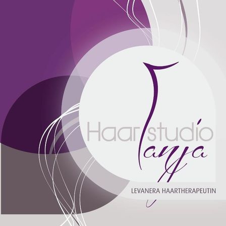 Das Logo für Haarstudio Aya, ein Haarstudio, das sich auf Haartherapie spezialisiert hat, wird auf einem lebhaften lila und weißen Hintergrund gezeigt.