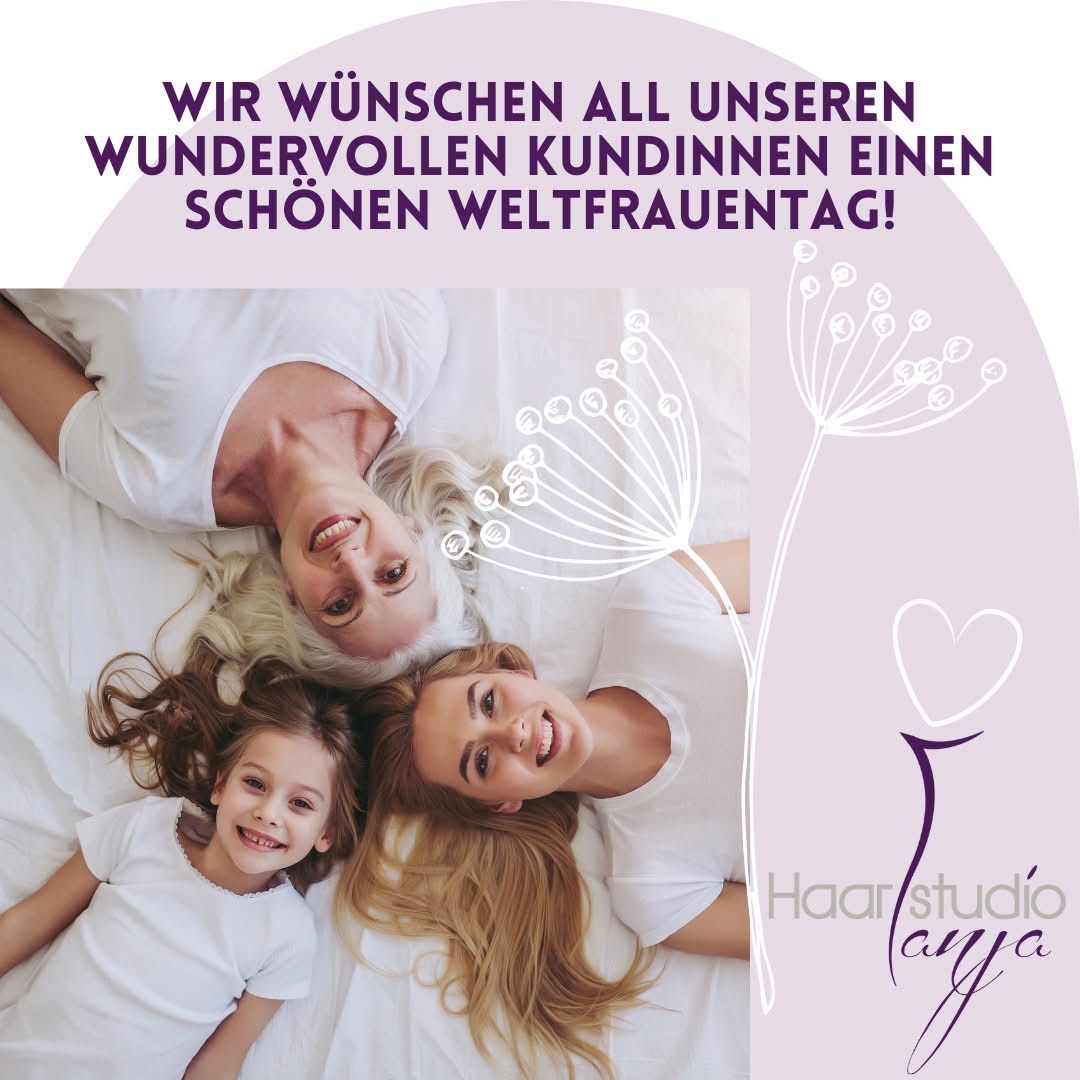 An image with a mother, daughter, and granddaughter lying in bed, smiling, with a message in German wishing all female customers a wonderful Women's Day. The image is pink and white.
