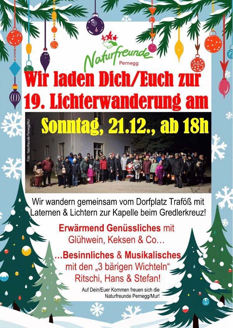 Plakat für den 19. Lichterumzug am Sonntag, 21. Dezember, ab 18 Uhr. Es zeigt eine Gruppe von Menschen mit Laternen, einem festlichen Hintergrund und Text auf Deutsch.