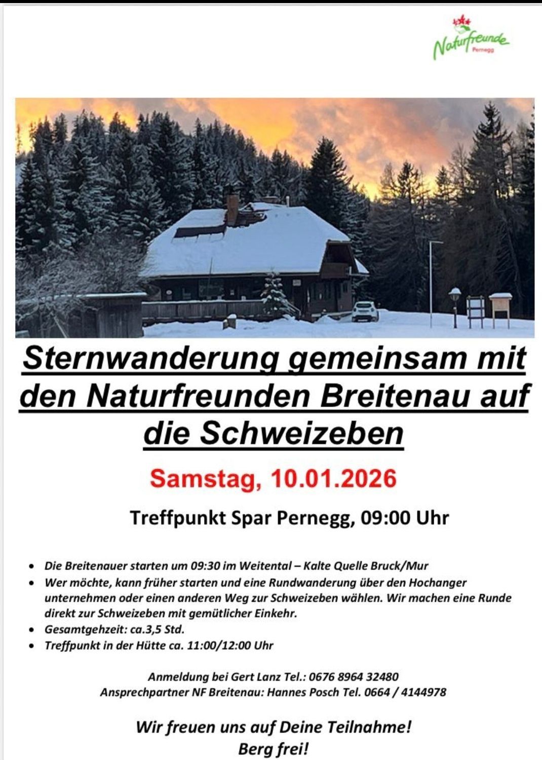 Ein Plakat für eine Sternwanderung mit den Naturfreunden Breitenau auf den Schweitzer Alpen am Samstag, 10.01.2026. Der Treffpunkt ist Spar Pernegg um 09:00 Uhr. Die Teilnehmer starten um 09:30 Uhr im Weitertal - Kalte Quelle Bruck/Mur. Die Veranstaltung dauert etwa 3,5 Stunden.