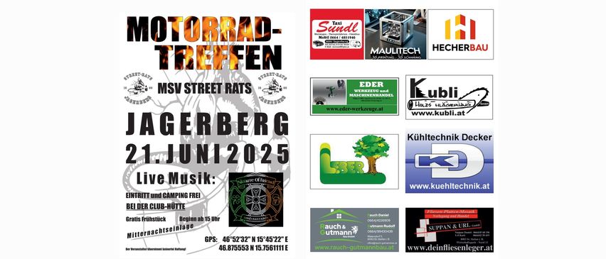 Plakat für das Motorradtreffen auf Jägerberg mit verschiedenen Logos von Sponsoren.