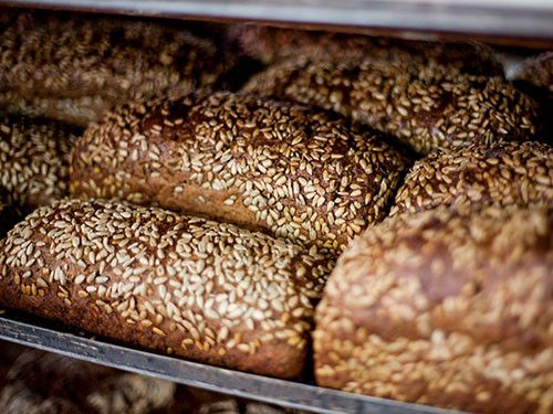 Ein Nahaufnahme von mehreren Brotlaiben mit Sesamkörnern auf einem Metalltablett, wahrscheinlich in einer Bäckerei.