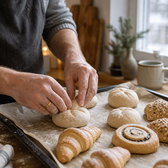 Ein Mann formt Teig auf einem Backblech mit verschiedenen Gebäckstücken wie Croissants und Brötchen um ihn herum.