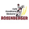 Das Logo für Rosenberger Café Konditorei Bäckerei, mit einer stilisierten Figur, die eine süße Leckerei und ein Tablett hält, umgeben von Weizenähren und einem roten Band.