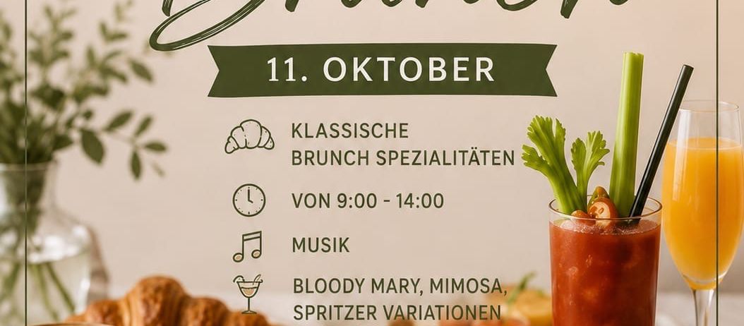 Plakat für den Sonntagsbrunch am 11. Oktober. Zeigt verschiedene Brunch-Gerichte, Getränke und einen Zeitplan.