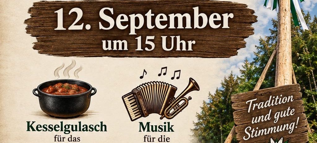 Plakat für ein traditionelles deutsches Event, mit einem Topf Essen, einem Musikinstrument und einem Holzschild mit dem Text 'Tradition und gute Stimmung!' Das Event findet am 12. September um 15 Uhr statt.