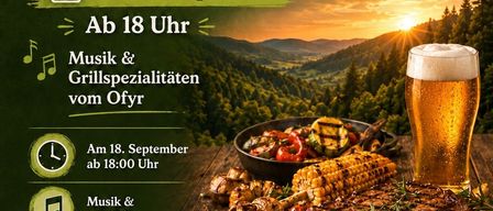 Ein Plakat für ein Grillevent im Gasthof Hochlantsch am 18. September mit einem Glas Bier, einem Steak und verschiedenen gegrillten Gemüsesorten. Die Veranstaltung beginnt um 18 Uhr.