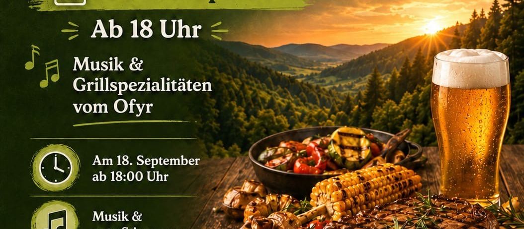 Ein Plakat für ein Grillevent im Gasthof Hochlantsch am 18. September mit einem Glas Bier, einem Steak und verschiedenen gegrillten Gemüsesorten. Die Veranstaltung beginnt um 18 Uhr.