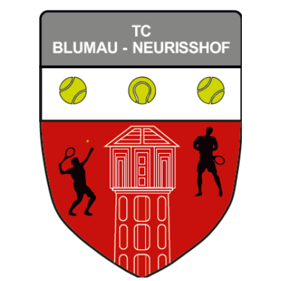 Das Wappen zeigt drei Tennisbälle, zwei Figuren, die Tennis spielen, und ein Gebäude. Die Worte 'TC BLUMA - NEURISSHOF' sind oben.