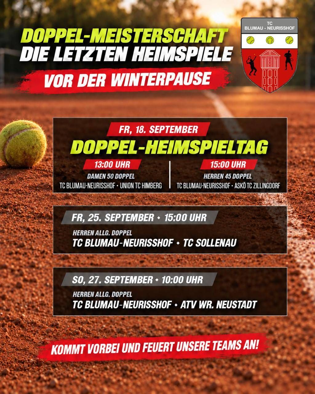 Tennis match poster with details of upcoming matches before winter break. Matches on September 18, 25, and 27. Times and teams listed.