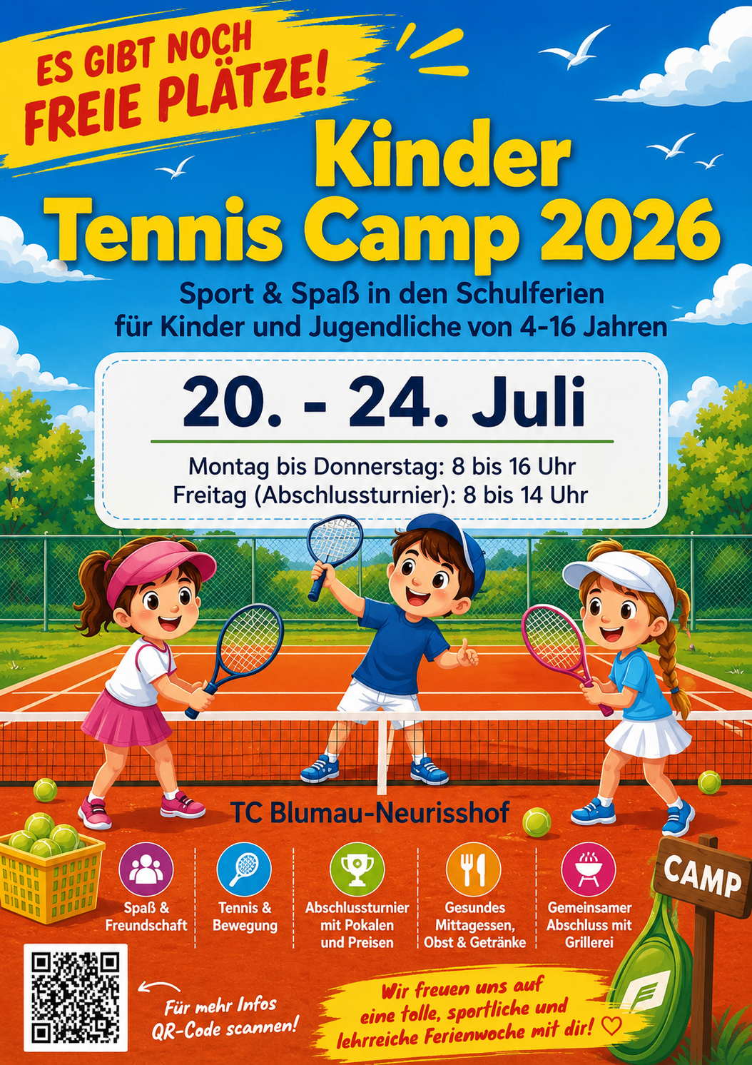 Poster for a children's tennis camp in 2026. It features three kids playing tennis, one of them smiling. The event is scheduled for July 20-24. The camp offers sports and fun during school holidays for kids aged 4-16.