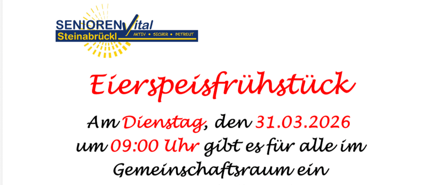 Poster mit rotem Text ueber Eierspeisefruhstuck am 31.03.2026 um 09:00 im Gemeinschaftsraum. Bild von Eiern und Toast mit einem laechenden Emoji.