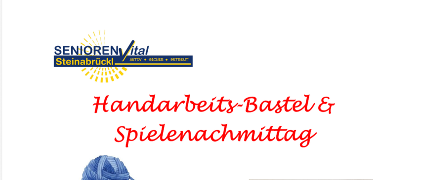 Plakat mit einer Stricknadel und Garn, einem Würfel und Spielfiguren und Schere mit Papierausschnitten. Die Veranstaltung findet am Donnerstag, den 23.04.2026 um 15 Uhr statt.