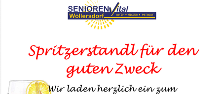 Eine Werbung für eine Spritzerstand-Veranstaltung am 11. Juni 2026 um 15 Uhr in Wöllersdorf mit einem Glas Wein und einer Zitronenscheibe. Der Erlös geht an das Kinderhospiz.